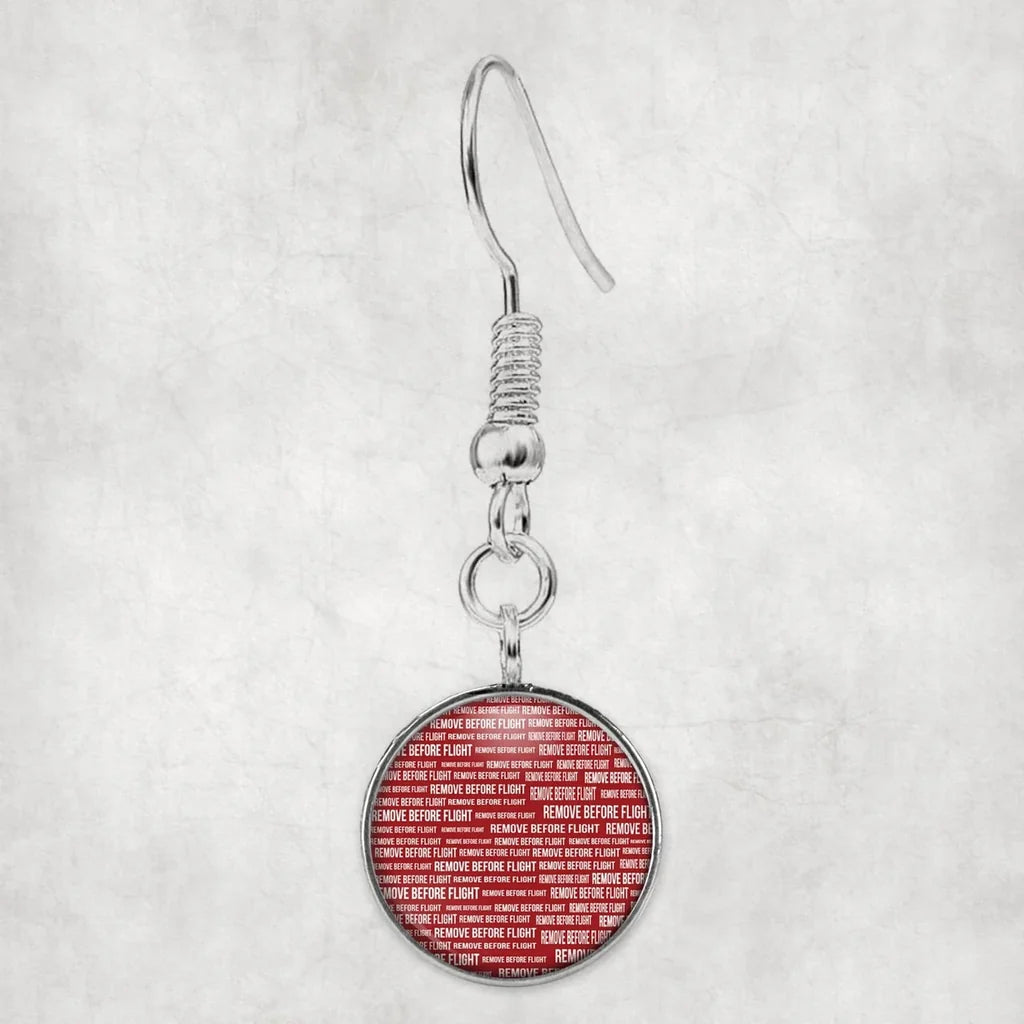 Remove Before Flight 3-Red aviation-themed earrings, polished hypoallergenic alloy.