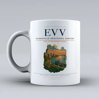 Evansville Regional Airport (EVV) airport code design on white ceramic mug