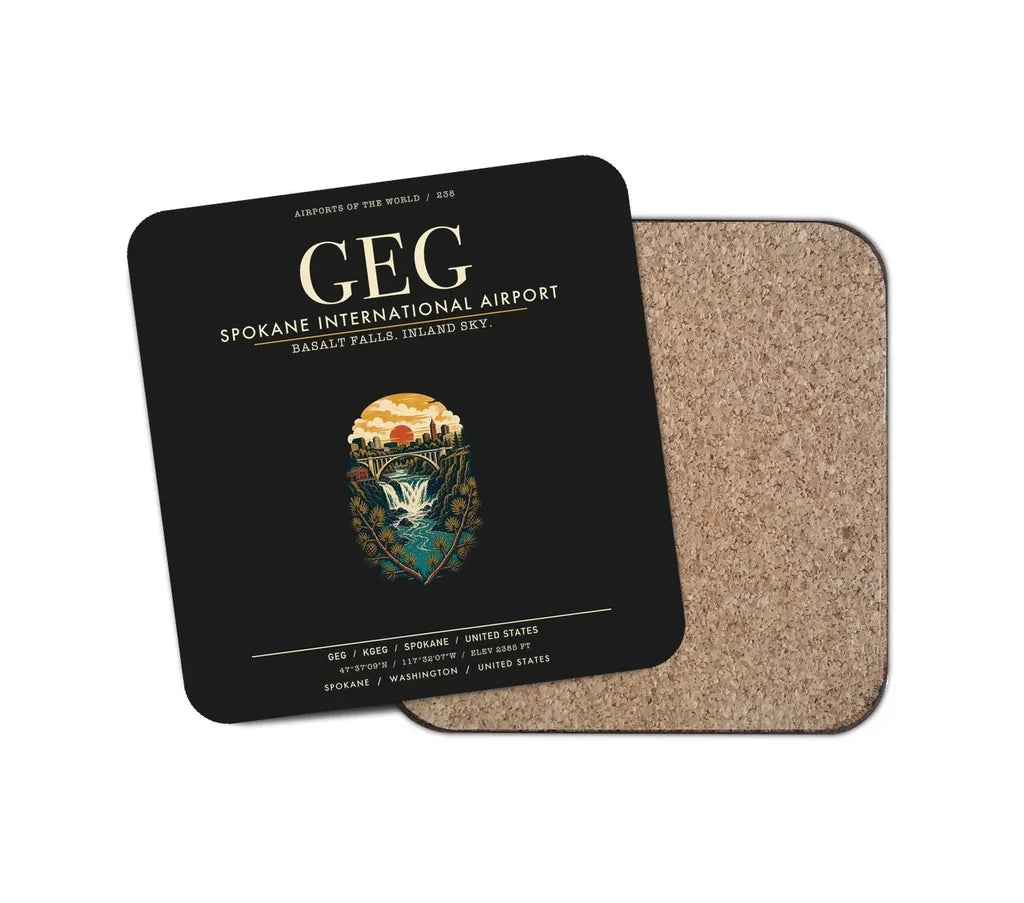 Spokane International Airport (GEG) design on black 1 piece coaster