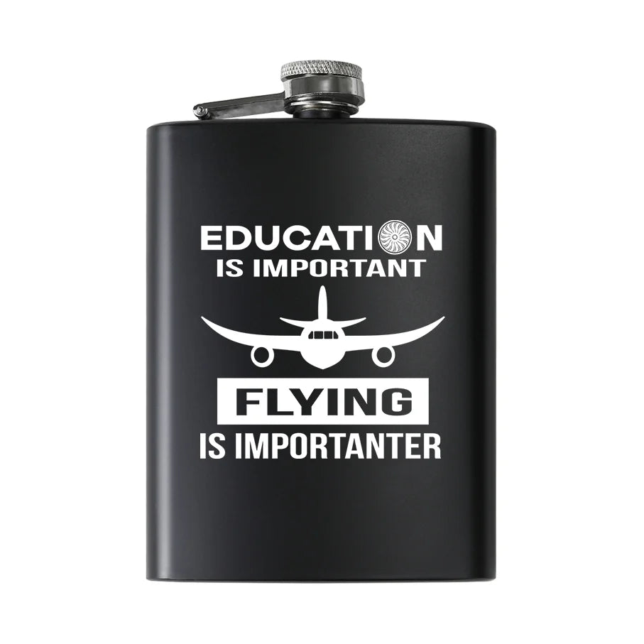 Flying is Importanter aviation design on stainless hip flask, compact pocket-size flask.
