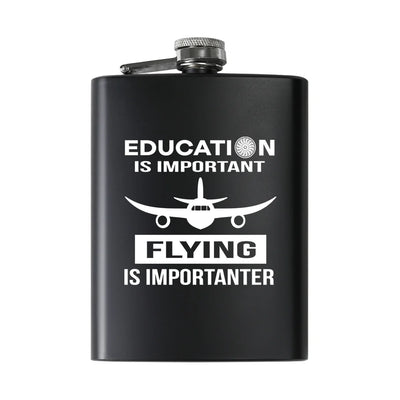 Flying is Importanter aviation design on stainless hip flask, compact pocket-size flask.