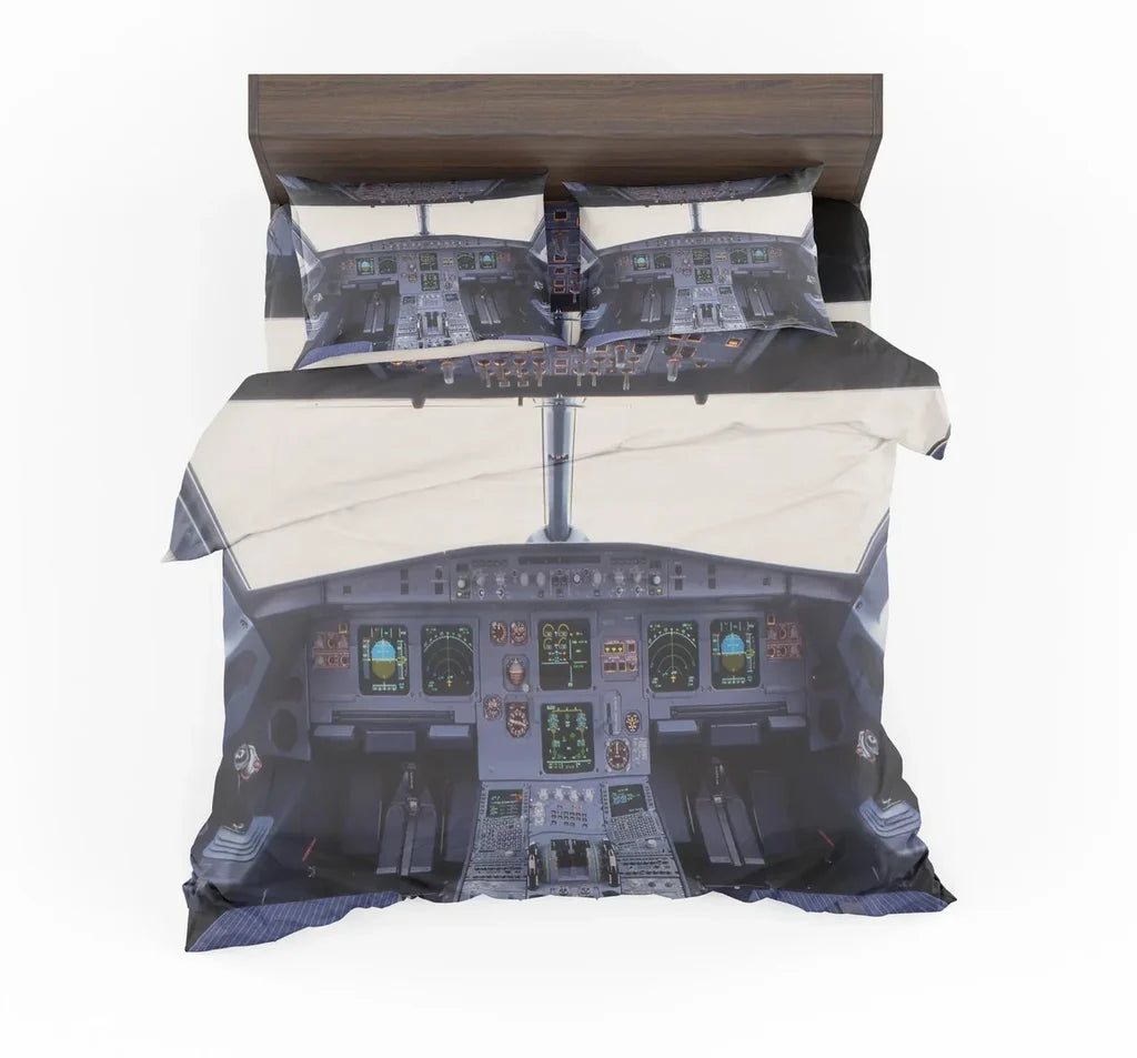 Airbus A320 Cockpit Wide aviation print bedding set, soft cotton blend.