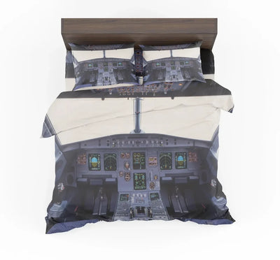 Airbus A320 Cockpit Wide aviation print bedding set, soft cotton blend.