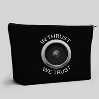 Thumbnail for In Thrust We Trust aviation design zipper pouch, durable polyester construction.
