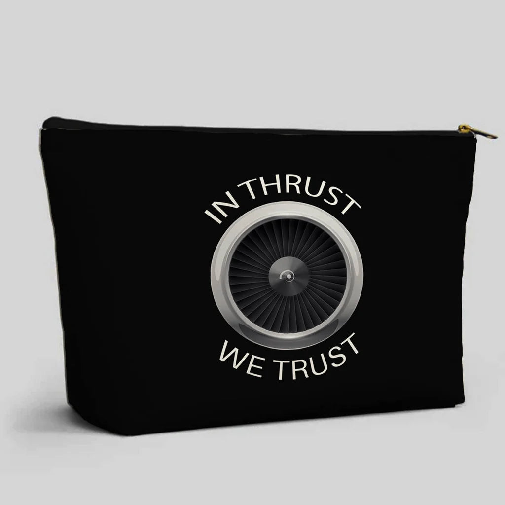 In Thrust We Trust aviation design zipper pouch, durable polyester construction.