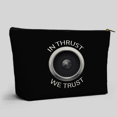 In Thrust We Trust aviation design zipper pouch, durable polyester construction.