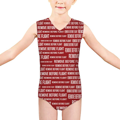 Remove Before Flight 3-Red aviation print on kids quick-dry fabric swimsuit.