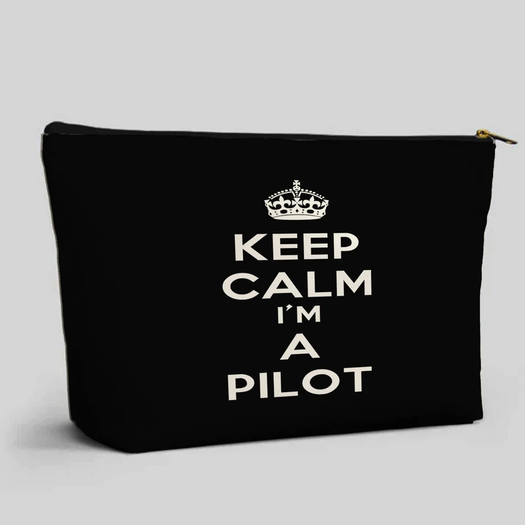 Keep Calm I'm a aviation design zipper pouch, durable polyester construction.