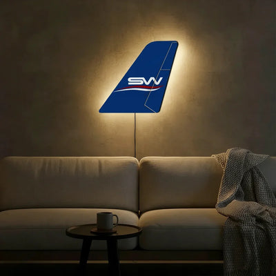 Silk Way West Airlines aviation design on durable metal with LED aircraft tail wall art.
