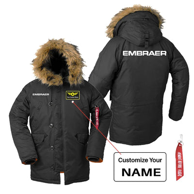 Embraer & Text aviation design printed on heavyweight shell with hooded warmth parka bomber.