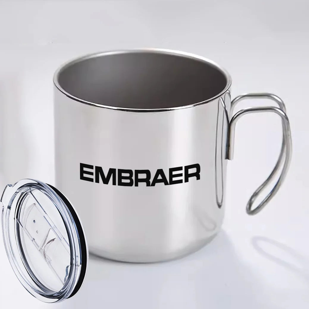 Embraer & Text aviation design on portable mug, vacuum-insulated double-wall.