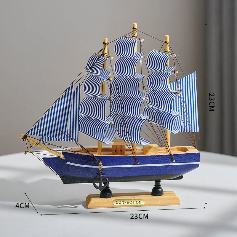 Side view of Blue Nautical Wooden Sailboat Model Ornament aviation model ship in diecast metal or wood with detailed parts.