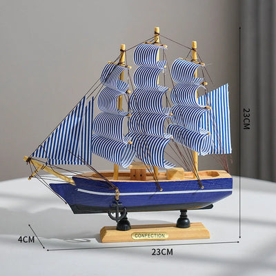 Side view of Blue Nautical Wooden Sailboat Model Ornament aviation model ship in diecast metal or wood with detailed parts.