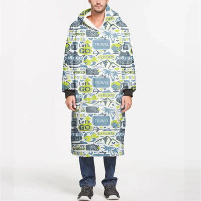 Motivational aviation design on soft fleece blanket hoodie.