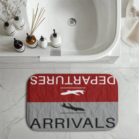 Thumbnail for Departure and Arrivals (Red) aviation print bath mat, soft absorbent fabric with non-slip backing.