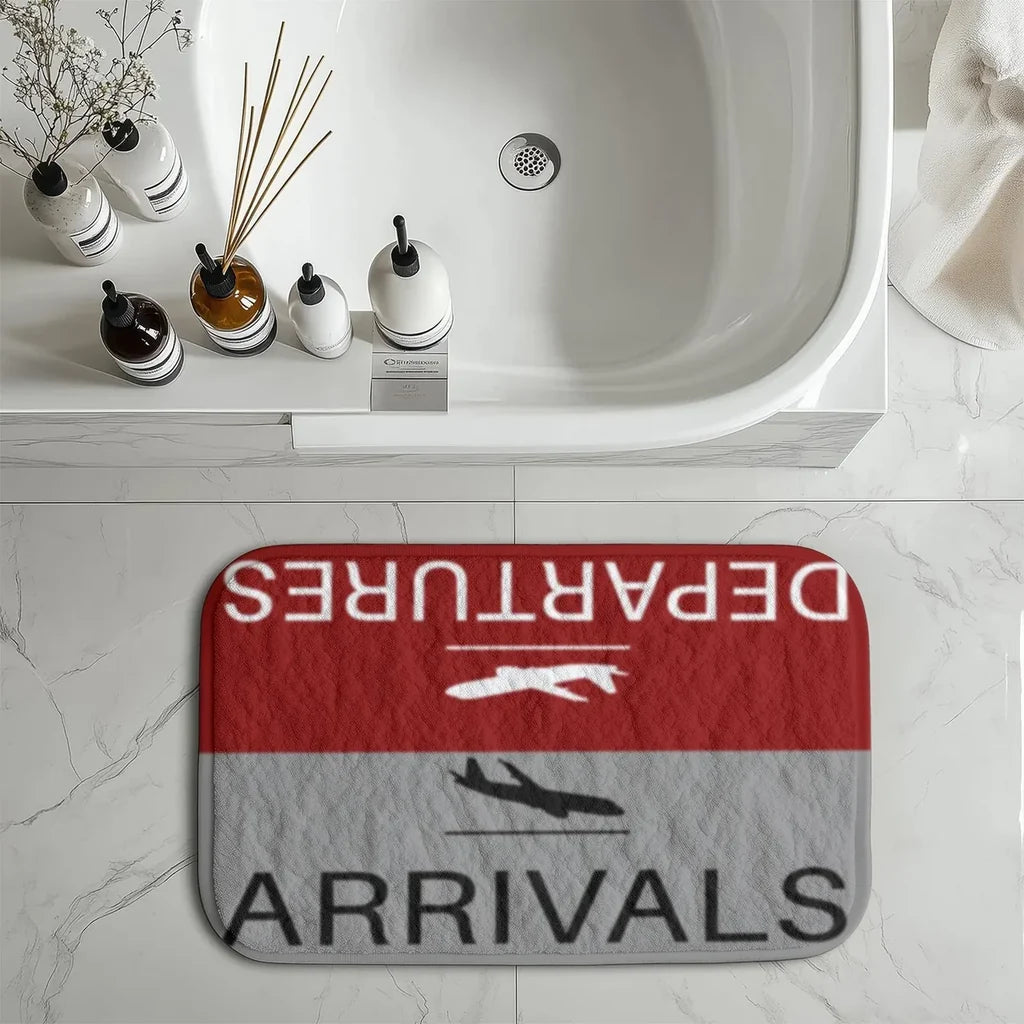 Departure and Arrivals (Red) aviation print bath mat, soft absorbent fabric with non-slip backing.
