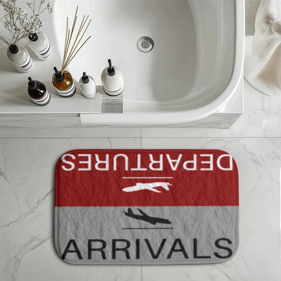 Departure and Arrivals (Red) aviation print bath mat, soft absorbent fabric with non-slip backing.