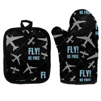 Thumbnail for Fly Be Free Black Kitchen Glove & Holder aviation design on durable fabric with insulated lining kitchen glove holder.