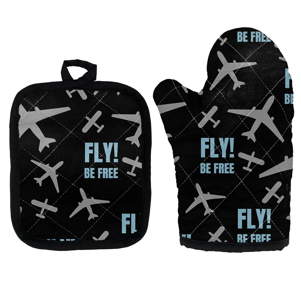 Fly Be Free Black Kitchen Glove & Holder aviation design on durable fabric with insulated lining kitchen glove holder.