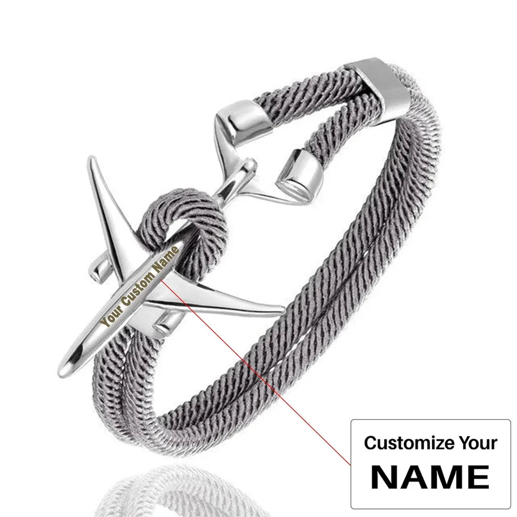 (Edition 2) Boeing 777 Airplane Rope aviation-themed bracelet, polished metal.