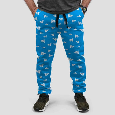 Paper Airplanes aviation design on soft cotton blend 3D-printed sweatpants.