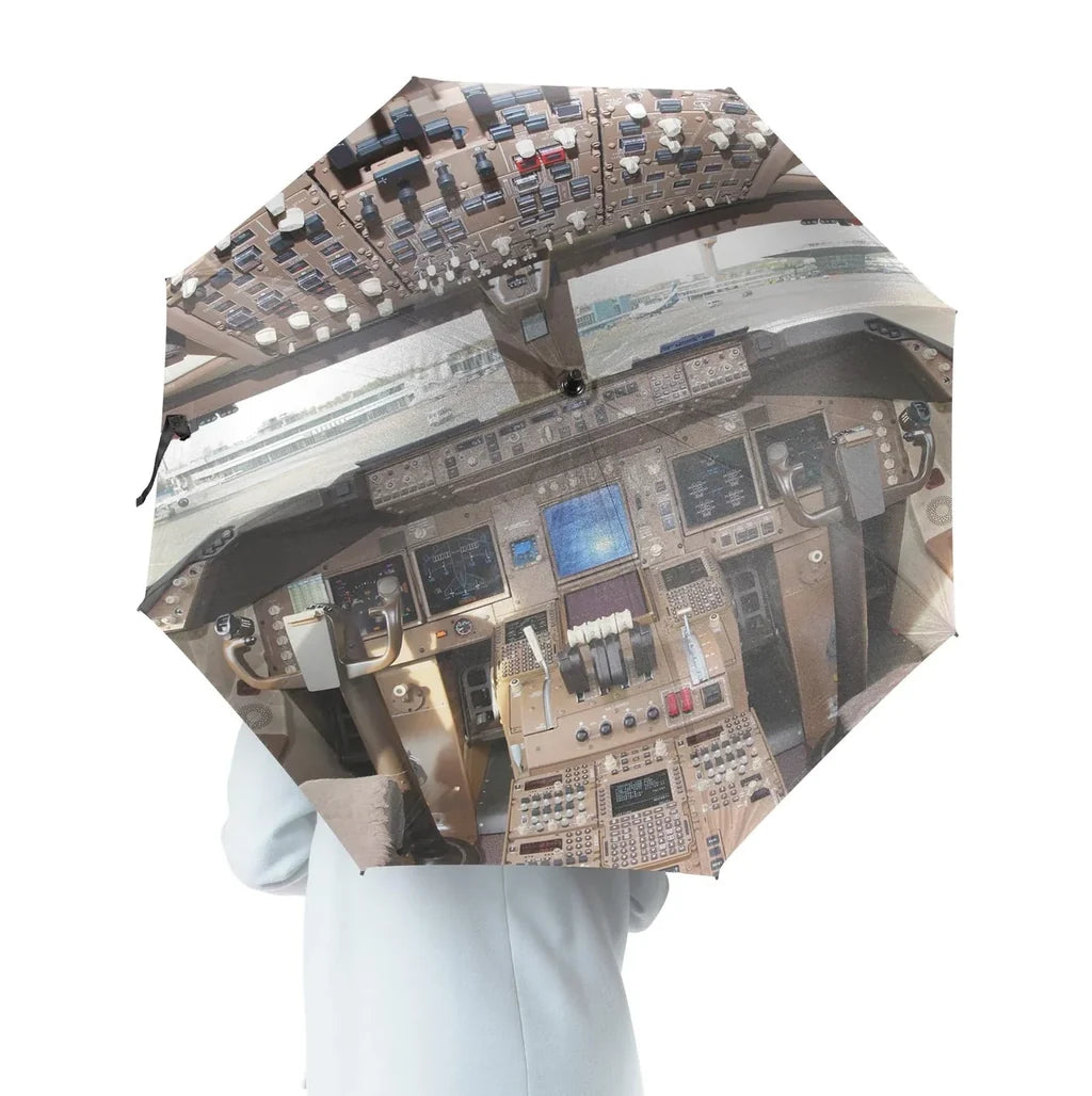 Boeing 747 Cockpit aviation design on windproof polyester umbrella.