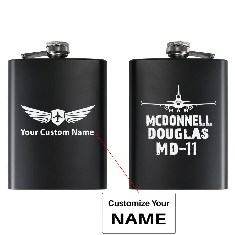 McDonnell Douglas MD-11 & Plane aviation design on stainless hip flask, compact pocket-size flask.