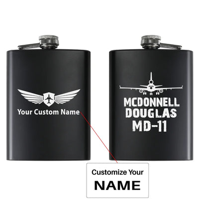 McDonnell Douglas MD-11 & Plane aviation design on stainless hip flask, compact pocket-size flask.