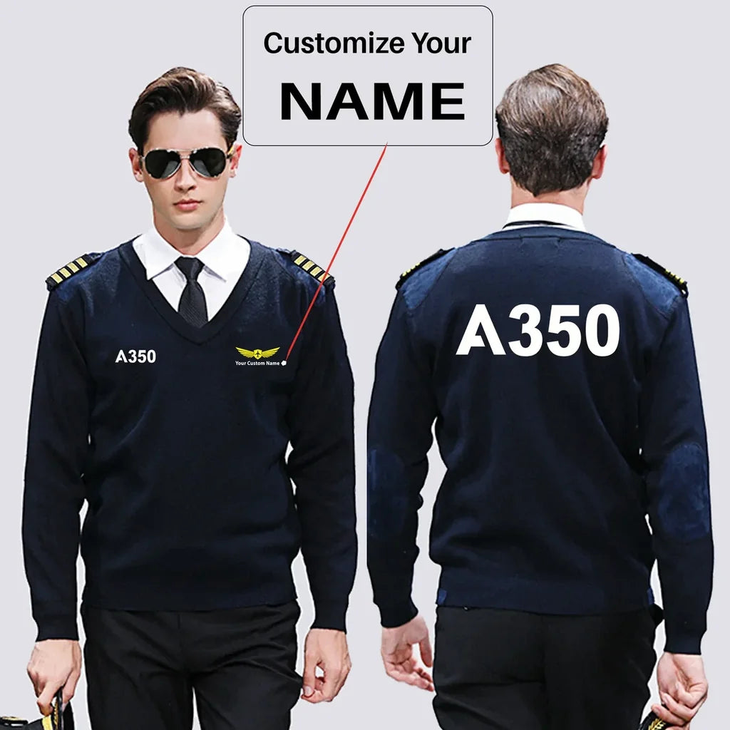 Airbus A350 Flat Text aviation design on premium wool blend wool pilot sweater.