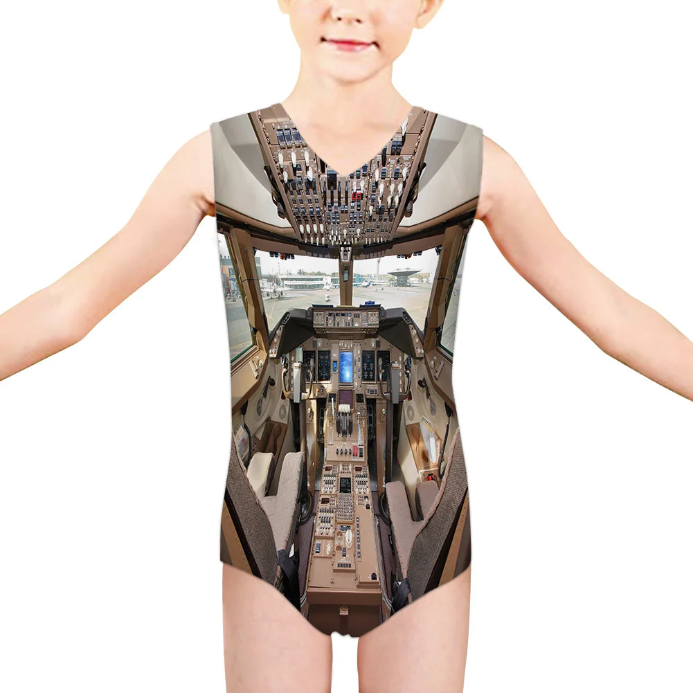 Boeing 747 Cockpit aviation print on kids quick-dry fabric swimsuit.