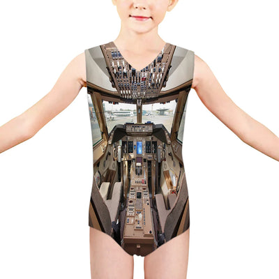 Boeing 747 Cockpit aviation print on kids quick-dry fabric swimsuit.