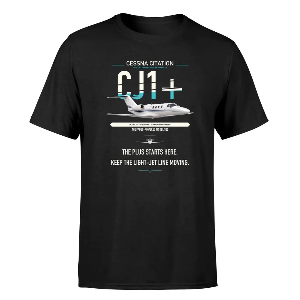 Cessna Citation CJ1+ design on black double-side t-shirt, single-side print