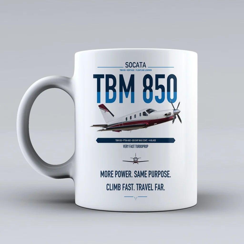 Socata TBM 850 design on white ceramic mug, double-side print