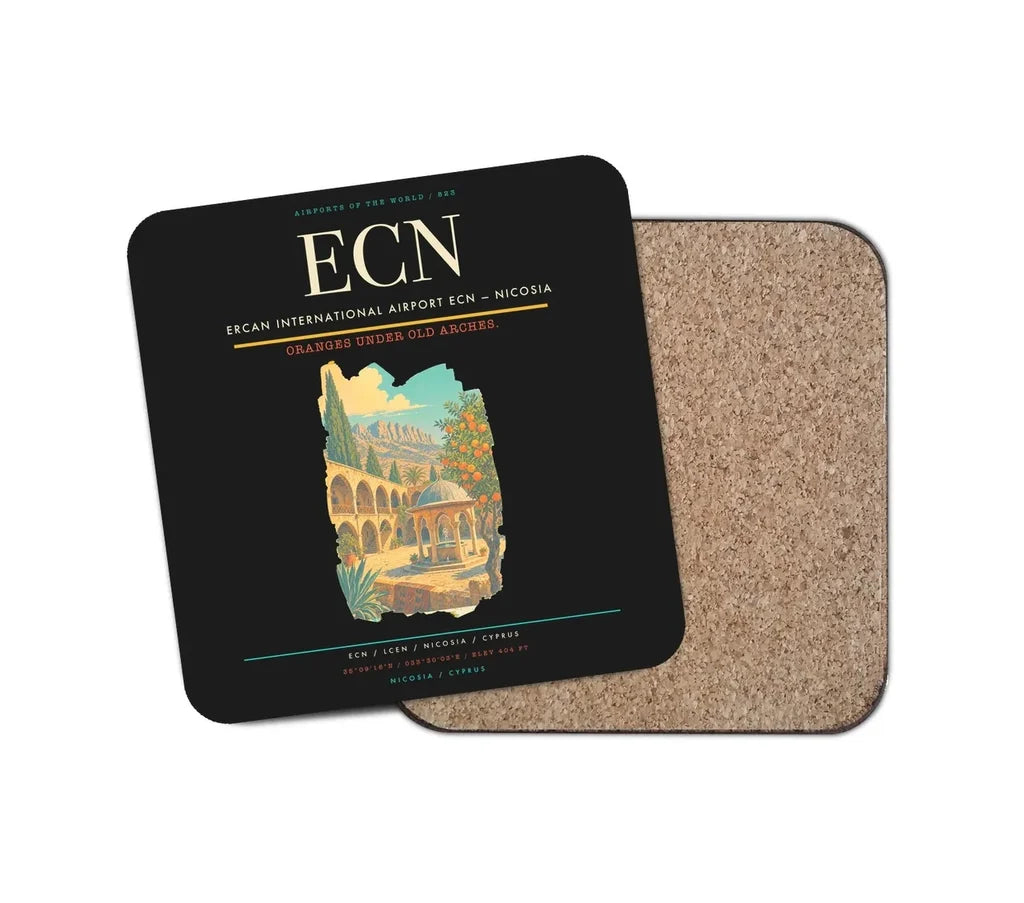 Ercan International Airport (ECN) design on black 1 piece coaster