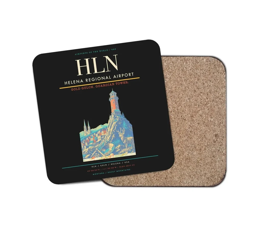 Helena Regional Airport (HLN) design on black 1 piece coaster