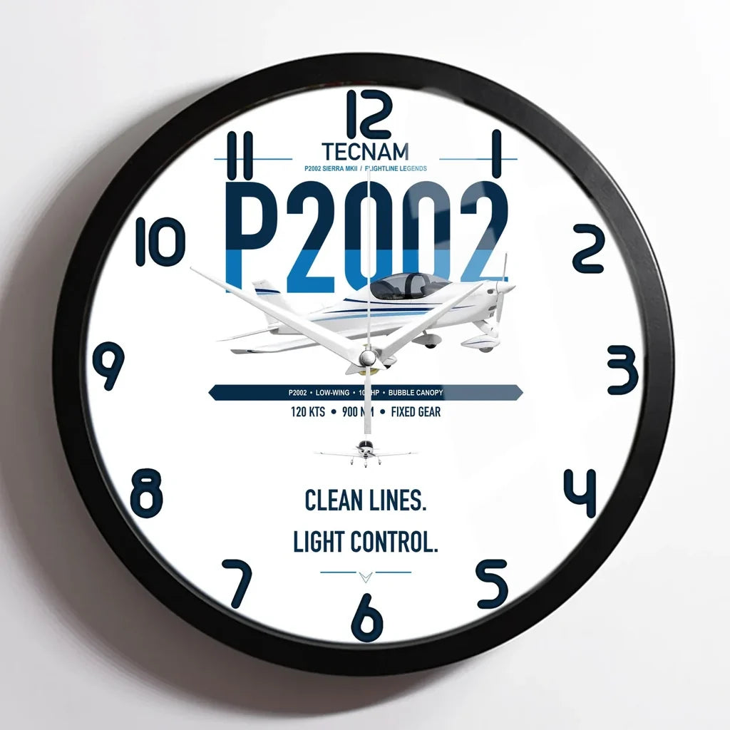 Tecnam P2002 Sierra MkII design on white framed wall clock