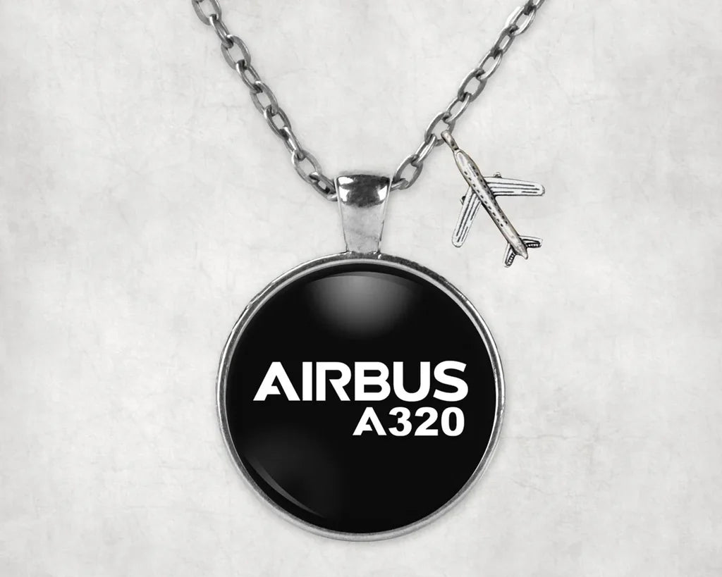 Side view of Airbus A320 & Text aviation necklace in stainless steel, polished finish.