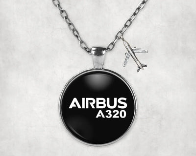 Side view of Airbus A320 & Text aviation necklace in stainless steel, polished finish.
