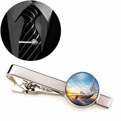 Airliner Jet Cruising over Clouds aviation-themed tie clip, polished stainless steel.