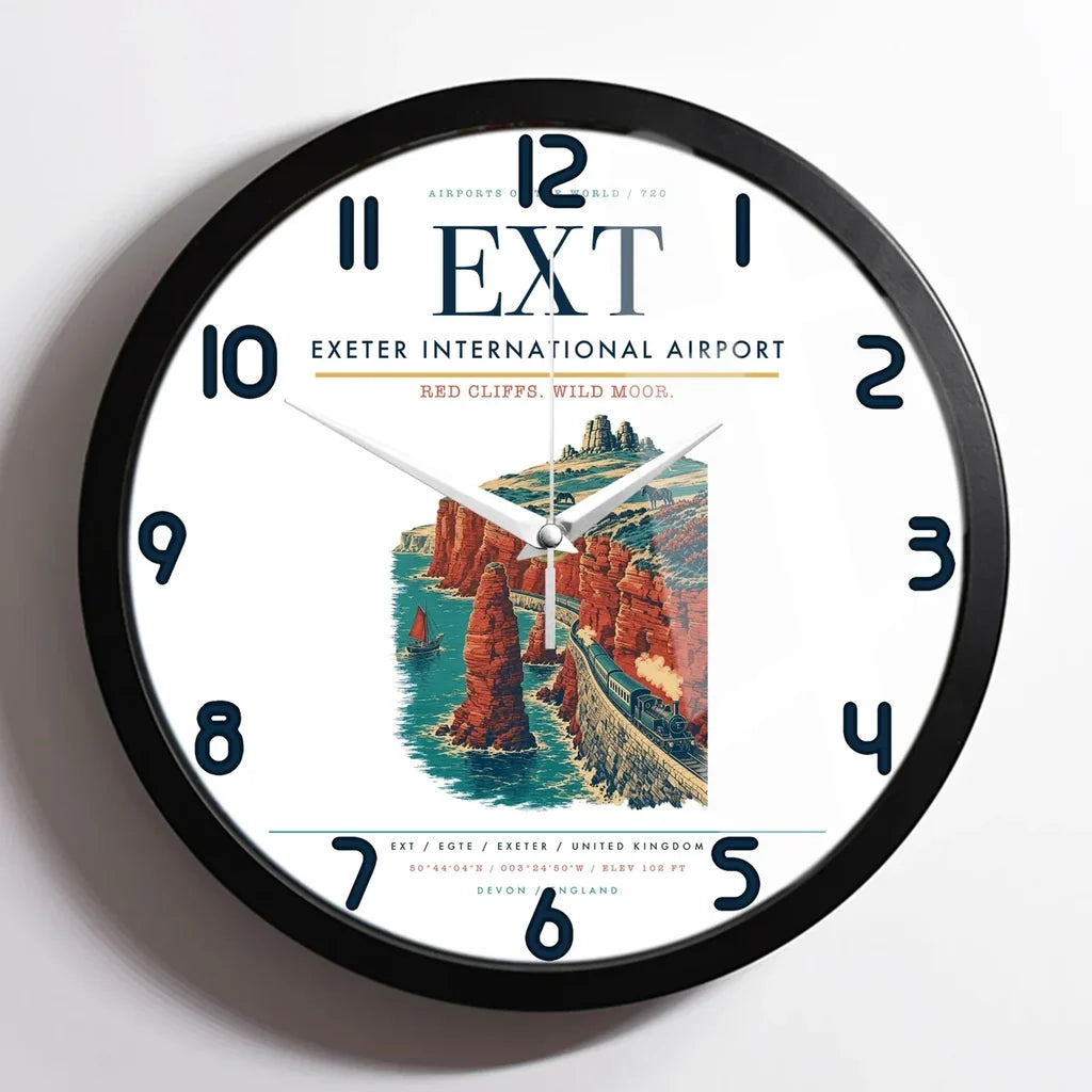 Exeter International Airport (EXT) design on white framed wall clock