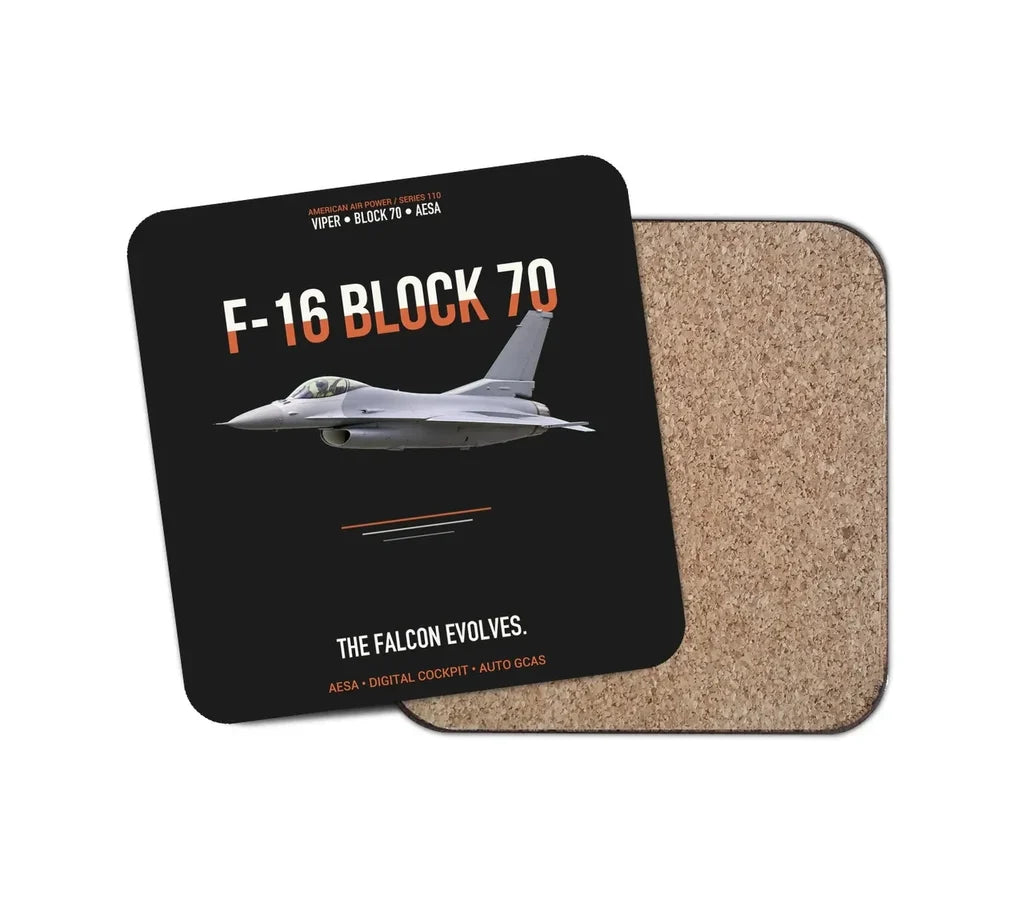 F-16 Block 70 The Falcon Evolves design on black 1 piece coaster