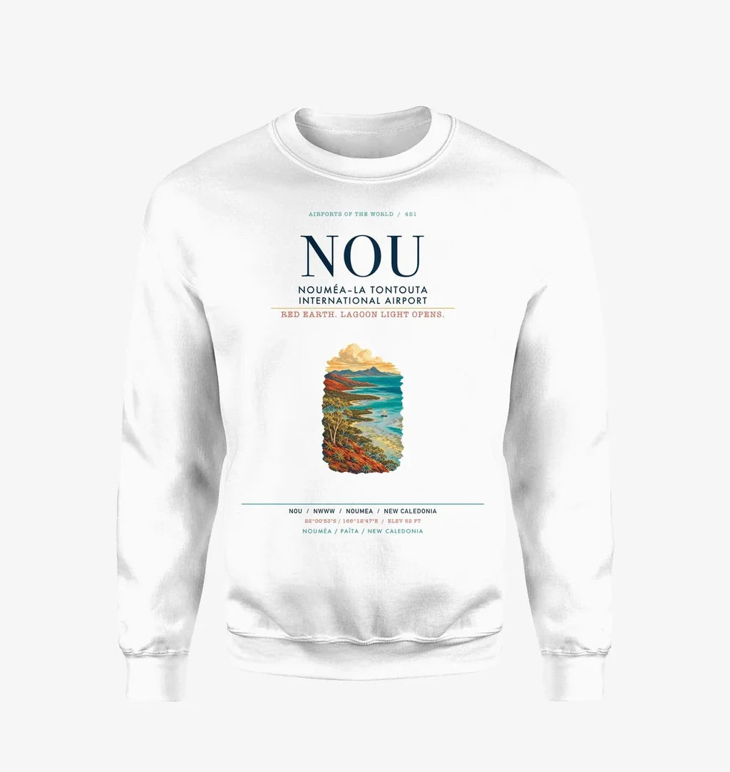 Nouméa–La Tontouta International Airport (NOU) design on white sweatshirt