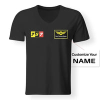 Thumbnail for Flat Colourful 757 aviation design printed on soft cotton V-neck T-shirt.