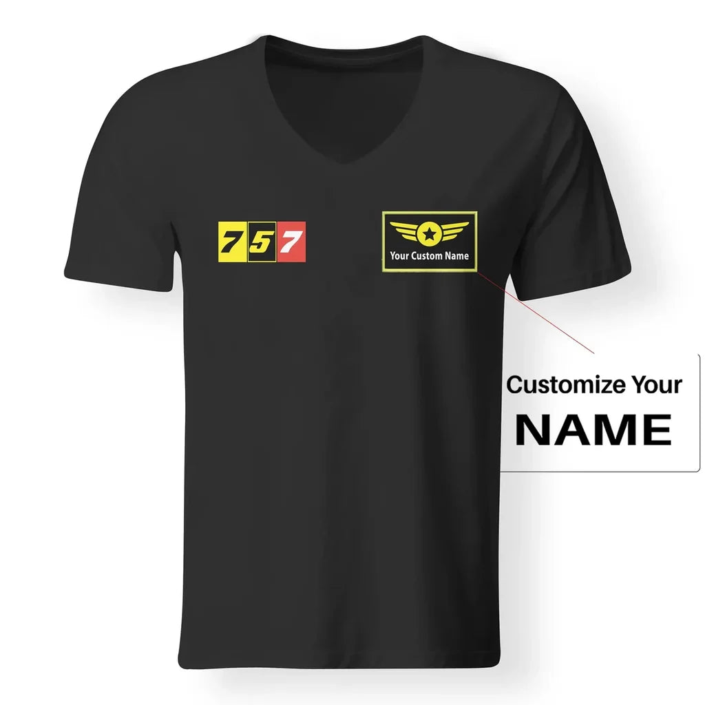 Flat Colourful 757 aviation design printed on soft cotton V-neck T-shirt.