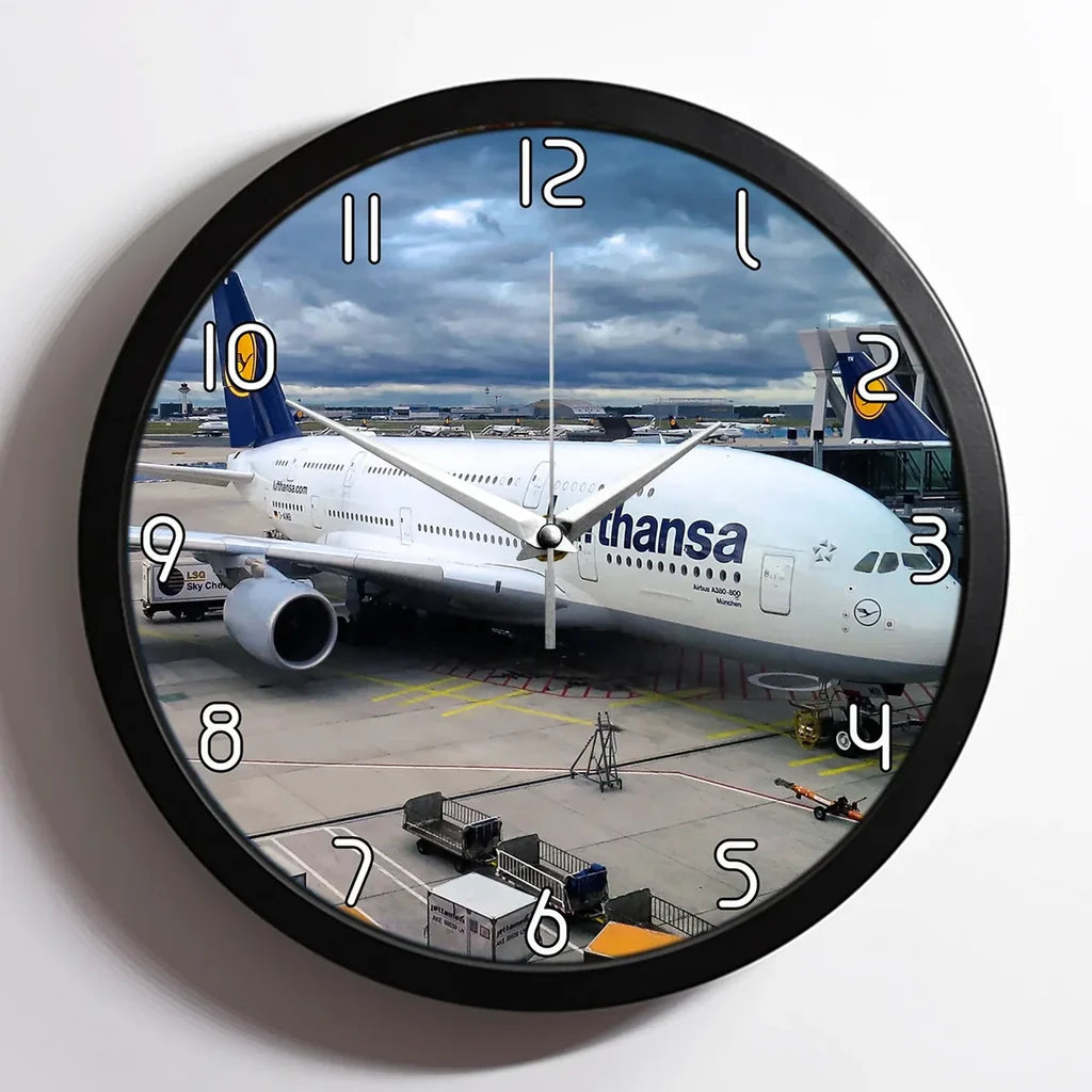 Lufthansa's A380 At The Gate aviation design on premium wood and metal wall clock.