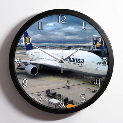 Lufthansa's A380 At The Gate aviation design on premium wood and metal wall clock.