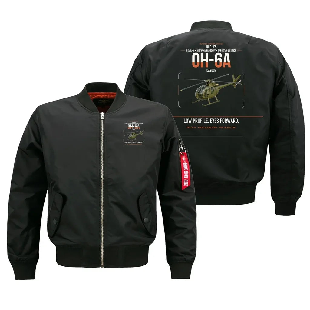 Hughes OH-6A Cayuse design on black bomber jacket, double-side print