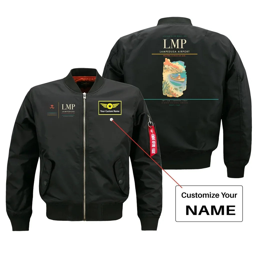 Lampedusa Airport (LMP) design on black bomber jacket with custom name patch