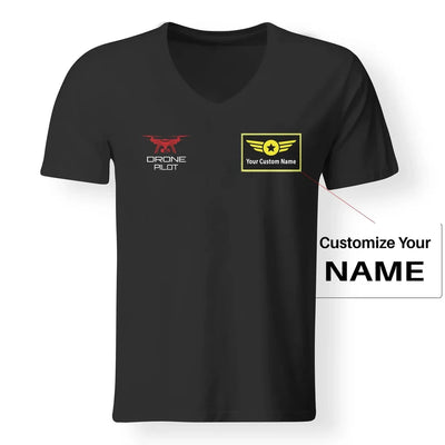 Drone Pilot aviation design printed on soft cotton V-neck T-shirt.