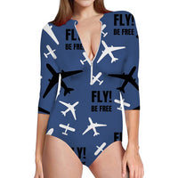 Thumbnail for Fly Be Free Blue aviation design on stretch swim fabric deep-V swim bodysuit.